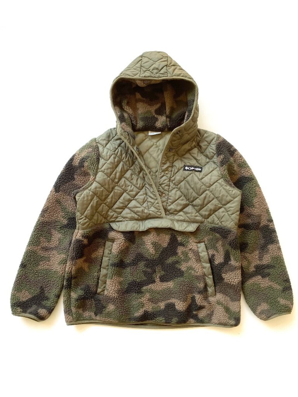 Columbia Womens M Camo Sherpa Fleece Quilted Anorak Snap Hoodie Pullover *READ